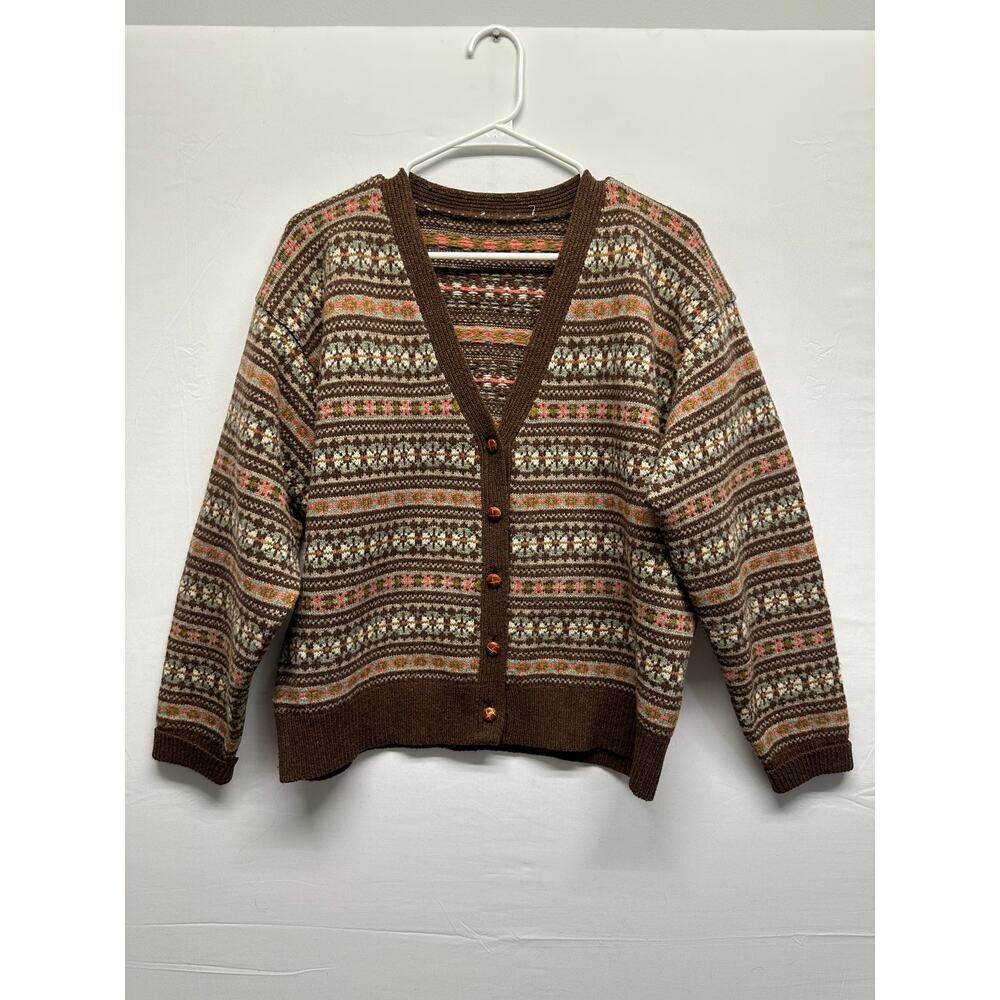 Fair Isle Wool Cardigan Brown Pink Green 90s Grandpa Sweater Vintage